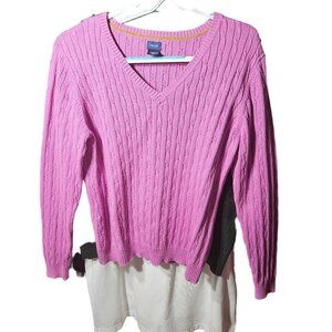Izod Womens Pink Cable Knit V-Neck Sweater Size XL Cotton Blend